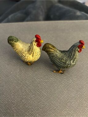 antique German Putz composition chickens with metal feet